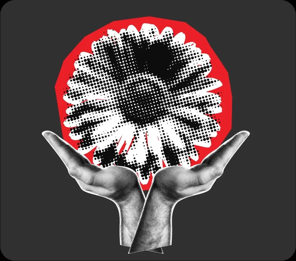 Illustration de deux mains tendues portant une fleur en trame de points