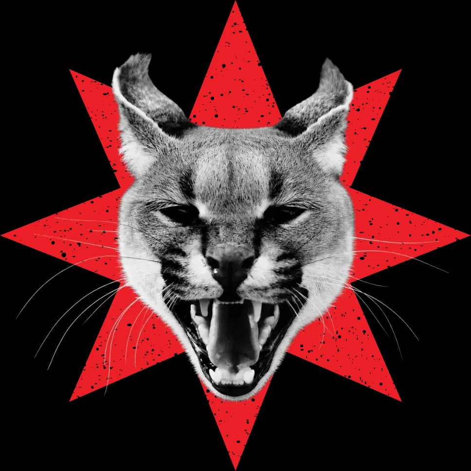 Illustration d’un caracal rugissant devant une étoile rouge